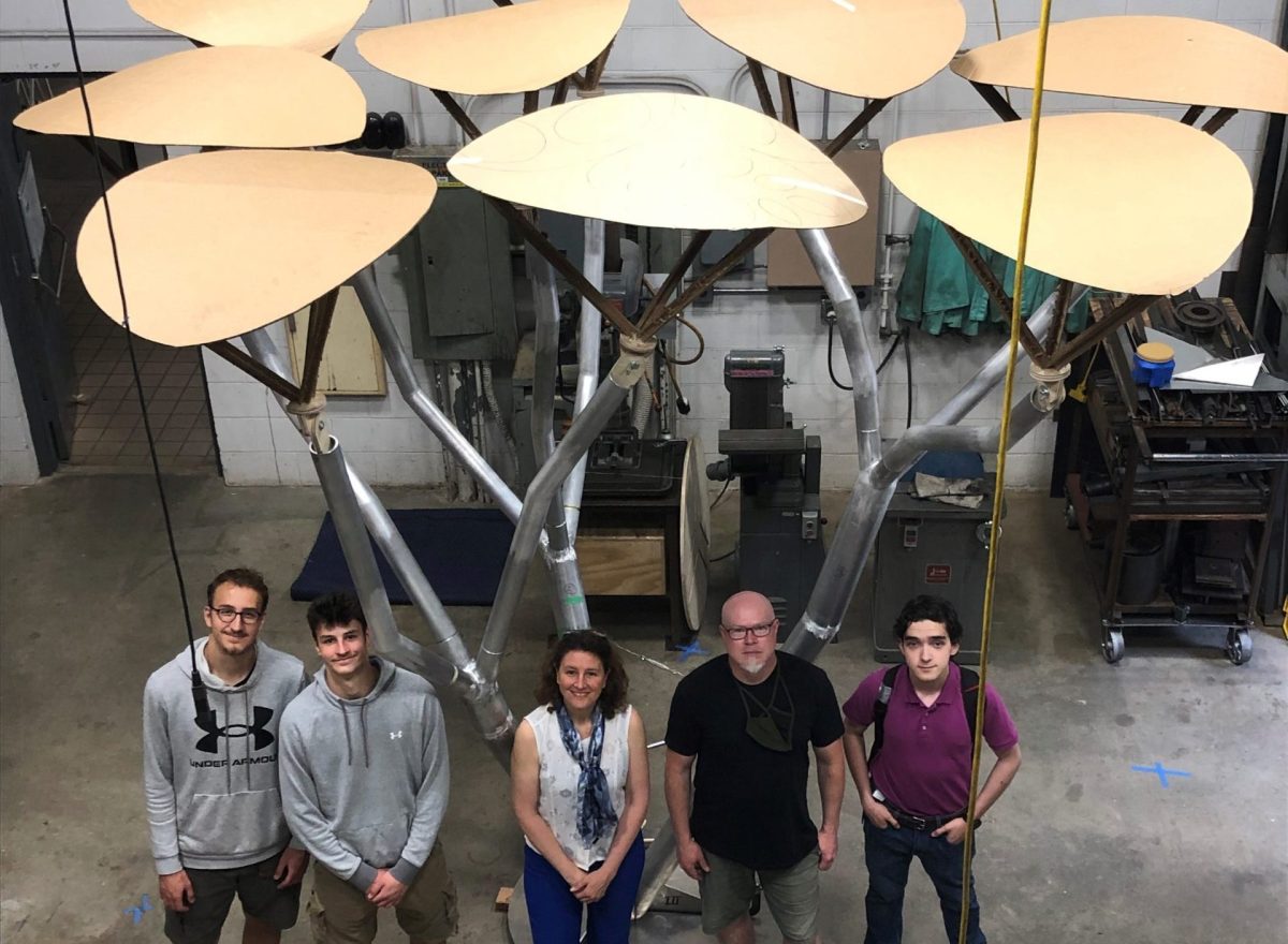Professors with a variety of expertise, as well as college and high school students, are working on the solar tree. Credit: Lisa Prevost
